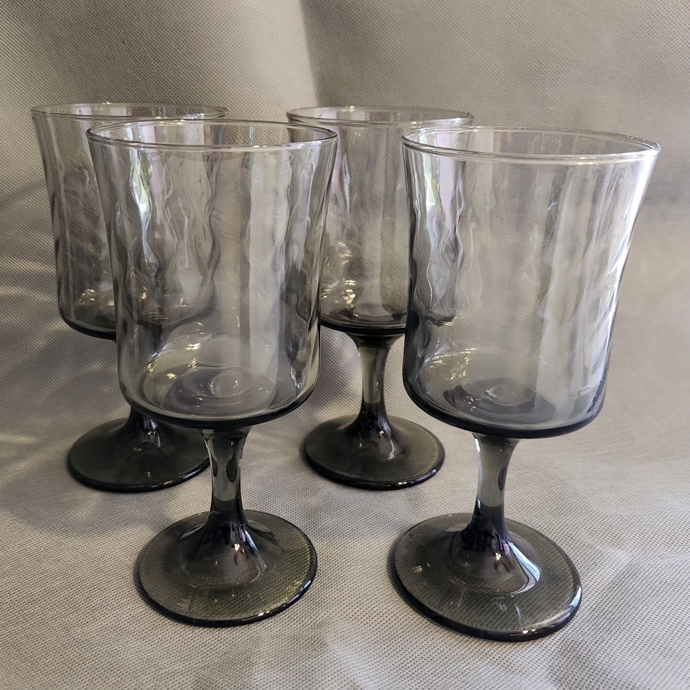 Vintage Libbey Smoke Gray Optic Swirl Goblets